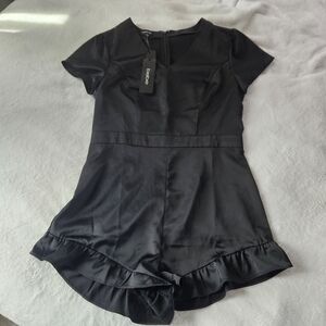 Bebe Black Satin Ruffle Hem Romper Jumpsuit NWT
